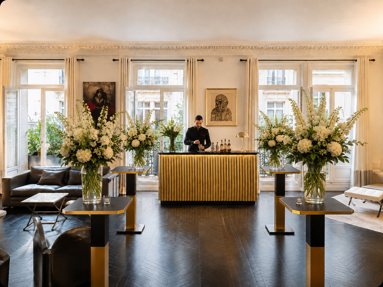 Le grand salon vide du Loft Triangle d'Or, balcons filants et lumière naturelle
