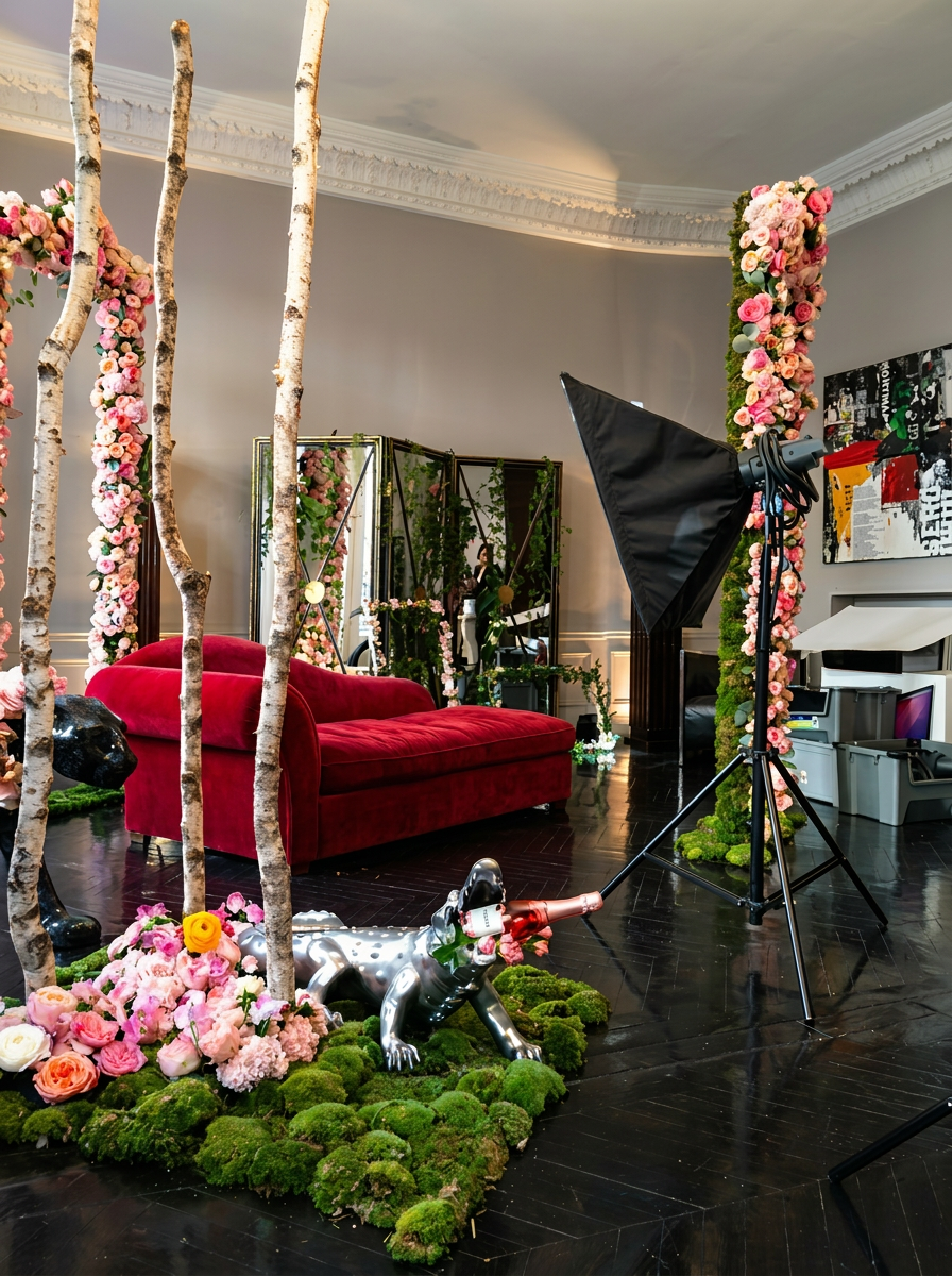 Scénographie florale — bouleaux, roses pastel et sculpture