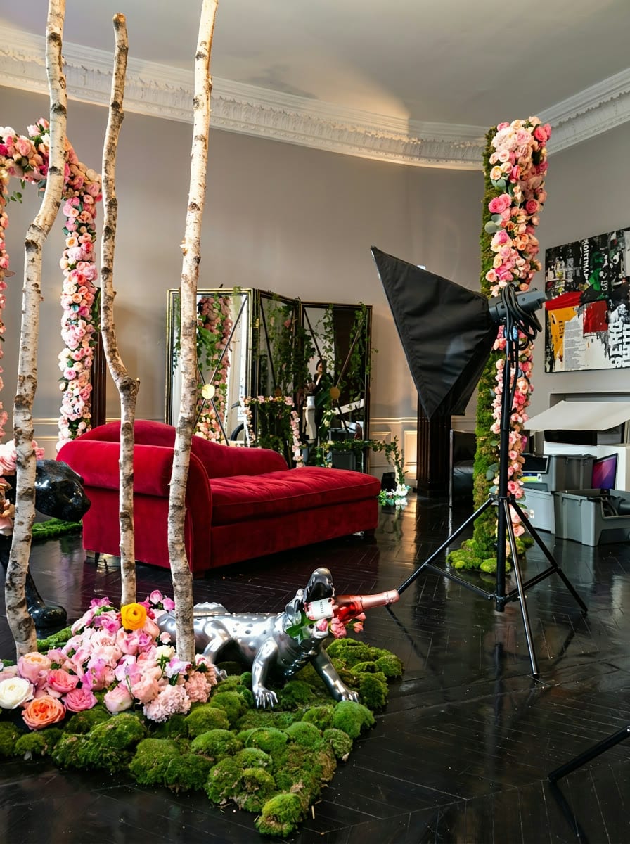 Scénographie florale — bouleaux, roses pastel et sculpture