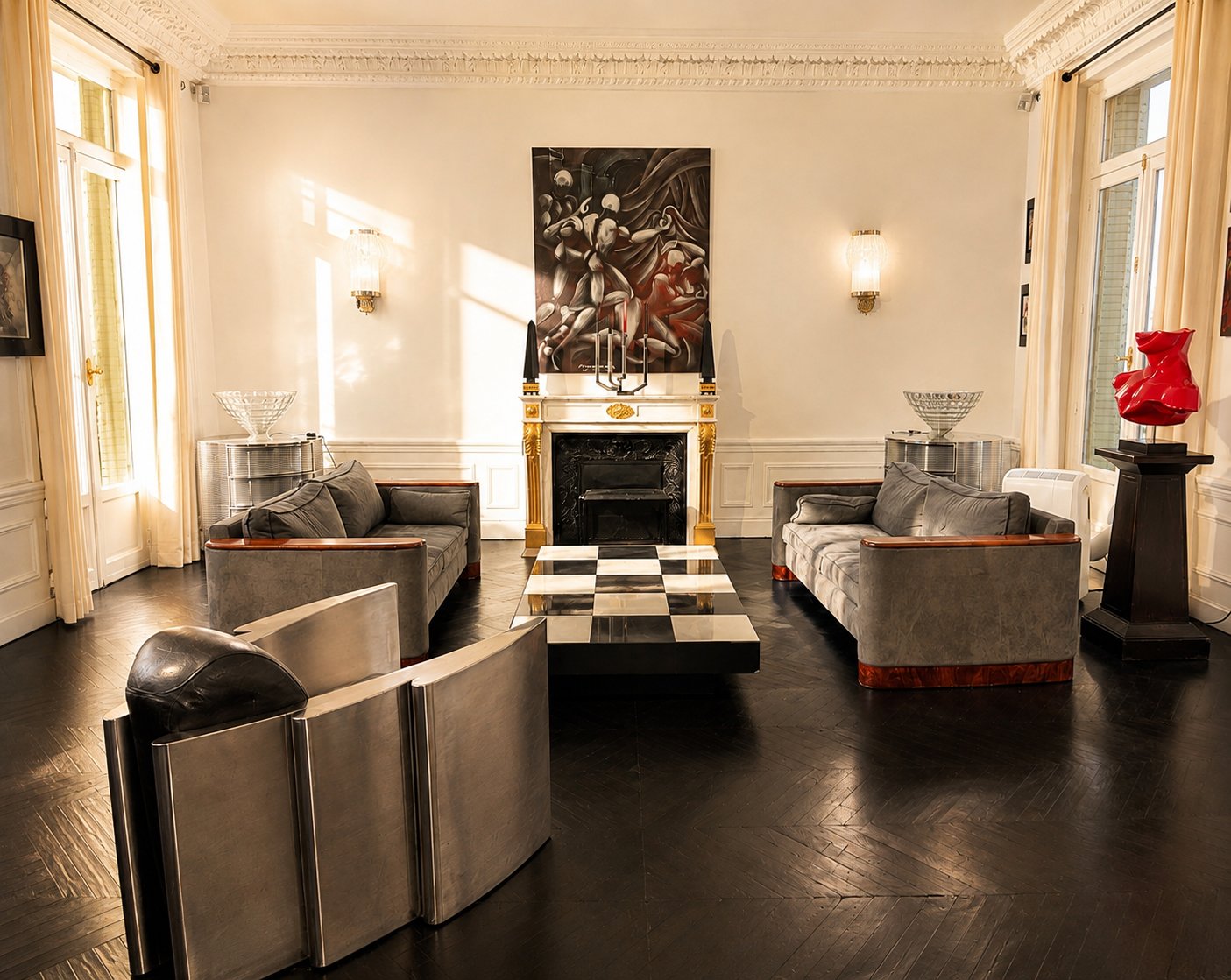 Salon cheminée du Loft Triangle d'Or — canapés velours gris, fauteuils en acier et table basse damier